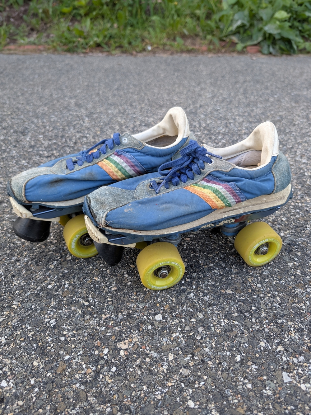 PEO-SPECS Vintage 1970s Women's Blue Roller Skate Sneakers with Rainbow Stripe